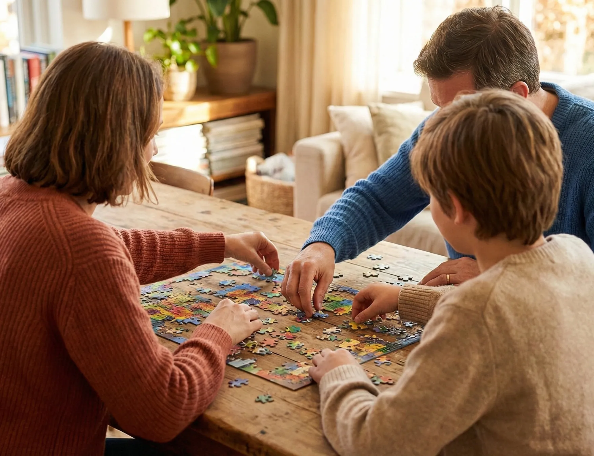 Une famille joyeuse assemble un puzzle, créant de précieux souvenirs. Capture ces instants de bonheur avec un cadre photo de MonCadrePréféré.