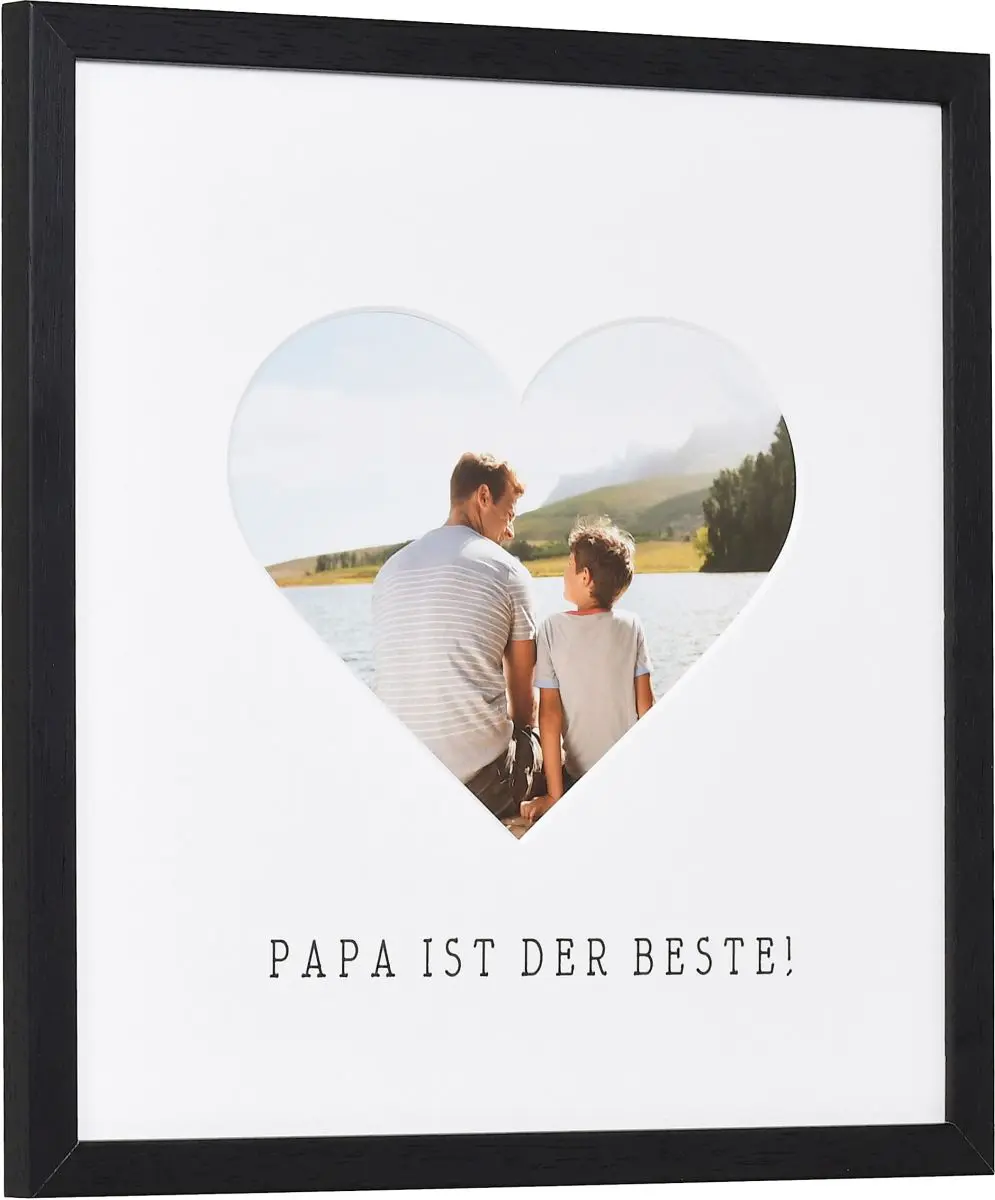 Découvre ce cadre photo noir 30x30 de MonCadrePréféré avec un passe-partout cœur unique pour ton Papa, vu de côté.