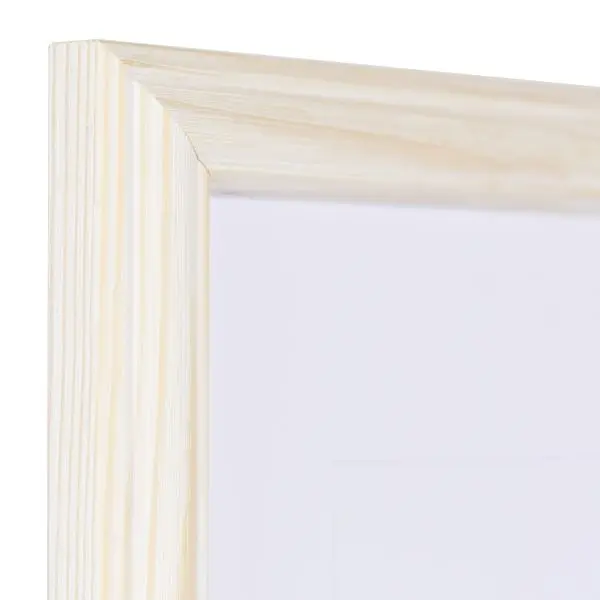 Angle de cadre photo Finja en bois blanc pastel, style campagne. Profil avec courbure aplatie et bord extérieur surélevé.
