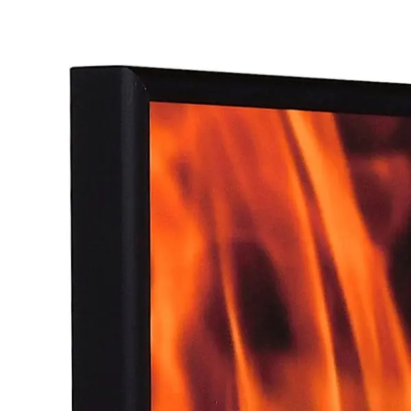 Vue de l'angle d'un cadre photo coupe-feu noir en profil semi-rond, aluminium anodisé, chez MonCadrePréféré.
