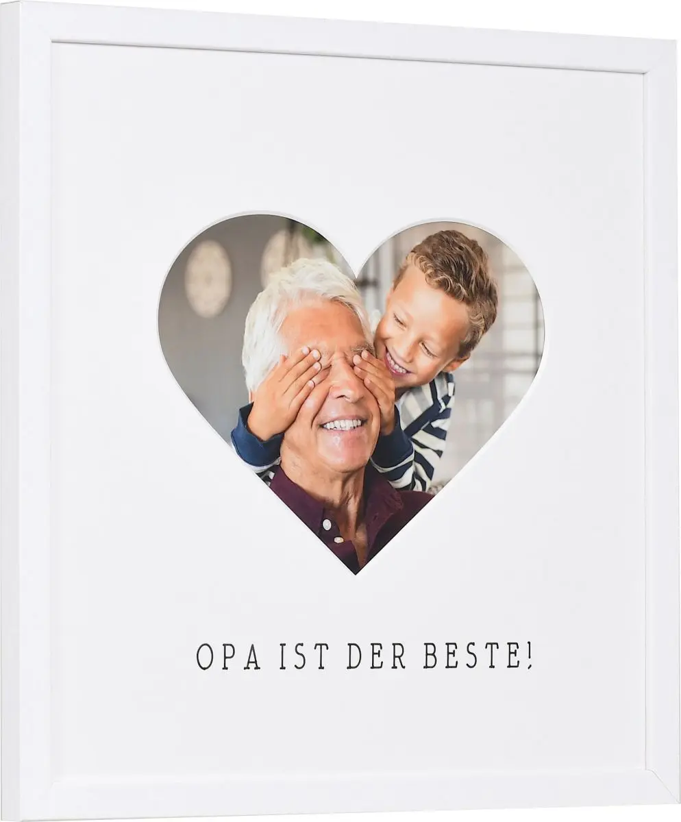 Vue latérale de ton cadre photo blanc avec passe-partout cœur pour Papy. Trouve ton cadeau parfait sur MonCadrePréféré.