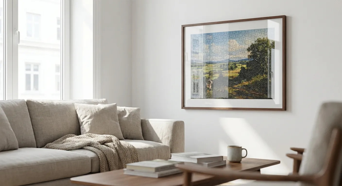 Ce cadre puzzle élégant met en valeur ton œuvre d'Sara dans le salon. Il ajoute une touche sophistiquée à ta décoration intérieure, offrant une solution parfaite pour tes puzzles. Découvre la qualité chez MonCadrePréféré.