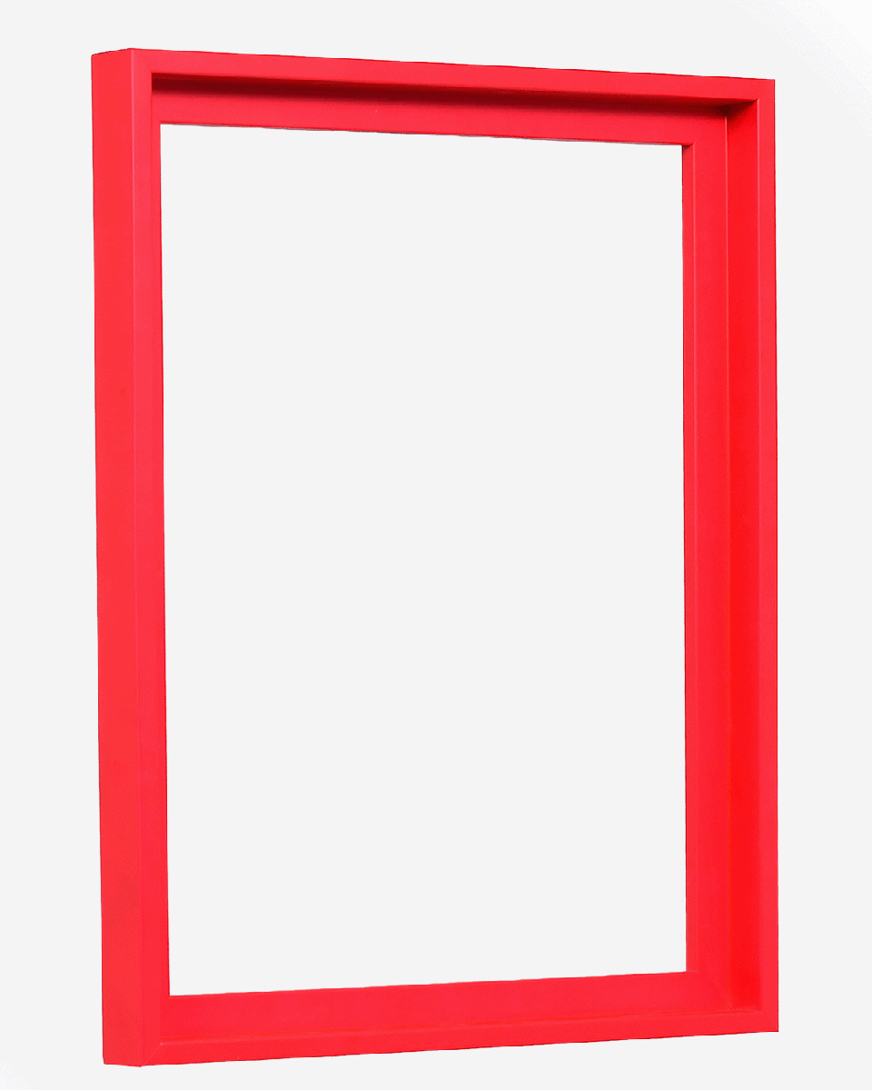 Vue latérale du cadre de type caisse américaine Jill en rouge néon éclatant pour toiles.