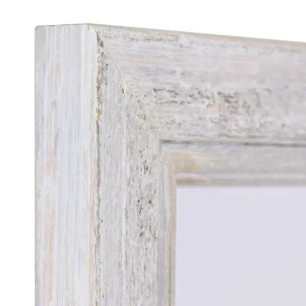 Vue du coin d'un cadre bois Insa blanc, laqué pores ouverts. Profil plat avec baguette ronde intérieure. Qualité MonCadrePréféré.