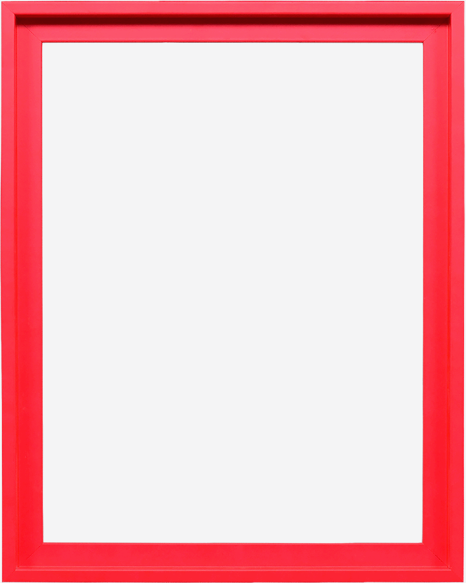 Cadre de type caisse américaine moderne Jill en rouge néon éclatant pour toiles, vue de face sur fond blanc.